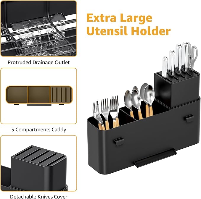 Dish Drying Rack for Kitchen Counter, Expandable Large Capacity Dish Rack with Drainboard, Wine Glasses Holder, Space Saving Organizer, Black-Ruum Studio Home