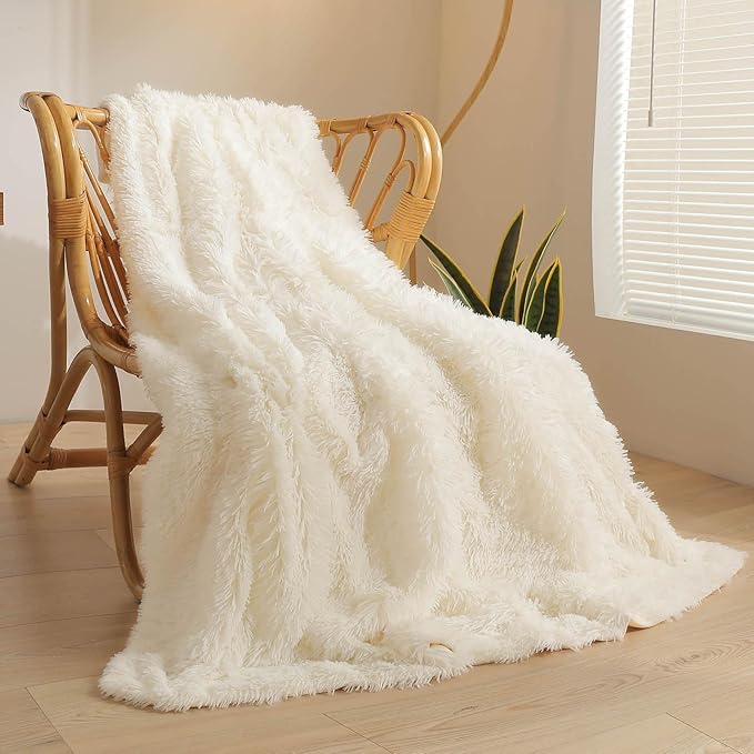 XeGe Luxury Faux Fur Throw, Ivory Soft 50x60 Fluffy Blanket, Ivory Shaggy Plush Decorative Couch Throw, Cute Furry Fuzzy Office Lap Blanket for Bedroom Living Room Beige-Ruum Studio Home