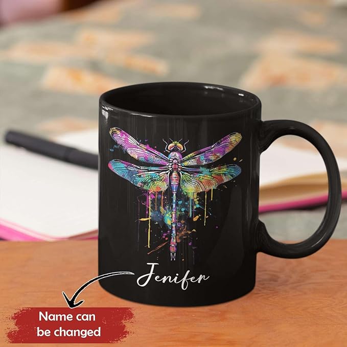 Colorful Dragonfly Ceramic Cup - Personalized Name Coffee Mug for Birthday, Gift for Son Daughter, Customized Black Animal Mug, Dragonfly Lover Cup 11oz 15oz-Ruum Studio Home