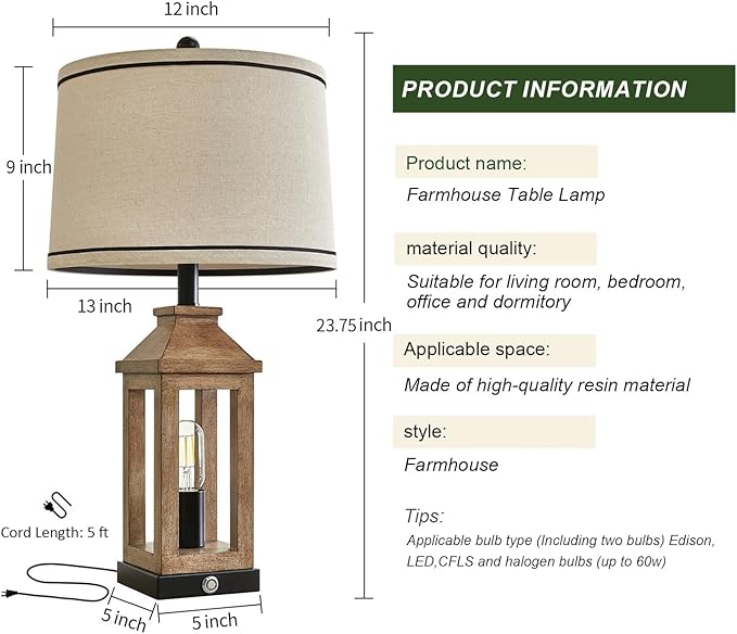 23.75" Farmhouse Table Lamps USB A+C Charging Ports 3-Way Dimmable Touch Control Lamp Nightlight Vintage Modern Lamp for Living Room Bedroom with 2 Light Sources-Ruum Studio Home