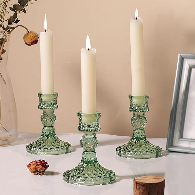 12Pcs Green Candlestick Holders Set- 4" H Taper Candle Holders Bulk, Glass Candle Holders for Wedding, Party, Romantic Dinner Table Centerpieces, Festival Gifts & Windowsill Decor-Ruum Studio Home
