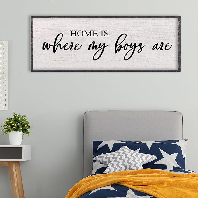 Home Is Where My Boys Are Wall Decor 32"×12" mom and her boys Sign for boys room Playroom Large Wood Framed Wall Hanging Art (Black)-Ruum Studio Home