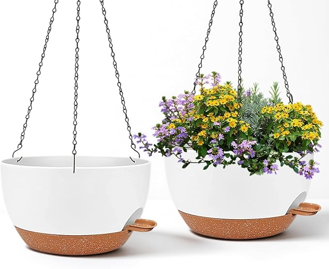 2 Pack 12 Inch Large Hanging Planters with Chains Self Watering White Brown Plastic Hanging Pots for Indoor Outdoor Plants, Garden Porch Home Decor，White Brown-Ruum Studio Home