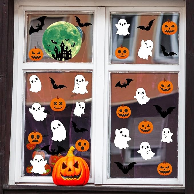 3 Sheets Glow in The Dark Halloween Window Clings Luminous Halloween Window Stickers Pumpkin Ghost Wall Decor Glowing Window Clings for Scary Halloween Theme Party Decorations-Ruum Studio Home