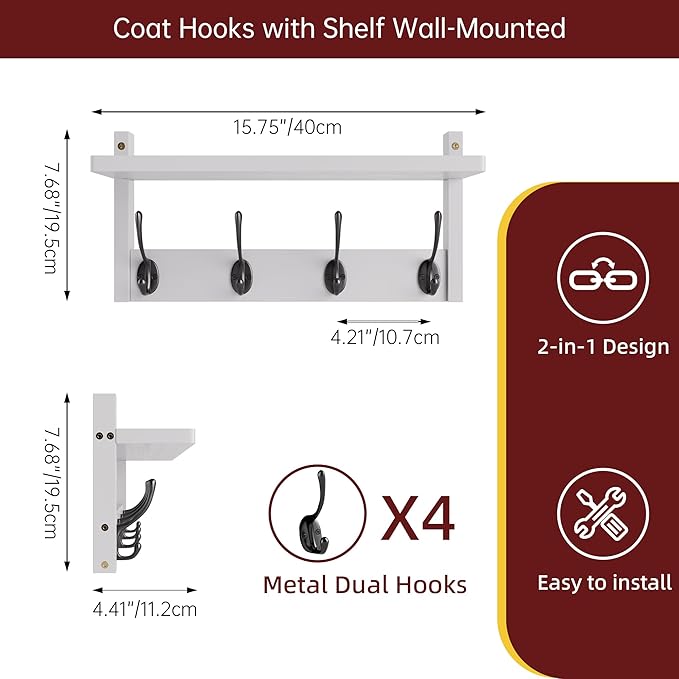 Coat Rack with Shelf Wall Mount, Entryway Bamboo Hanging Shelf, Set of 2, Wall Hook Rail for Hallway Décor, Storage Clothe, Hat, Robe, Key, Dog Leash (White+Black)-Ruum Studio Home