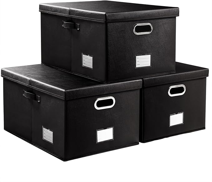 PRANDOM Collapsible Storage Box with Lid [3-Pack] Leather Fabric Foldable Storage Bin Organizer Container Basket Cube with Cover for Home Bedroom Closet Office Nursery Black(22.8X15.7X11.8)-Ruum Studio Home