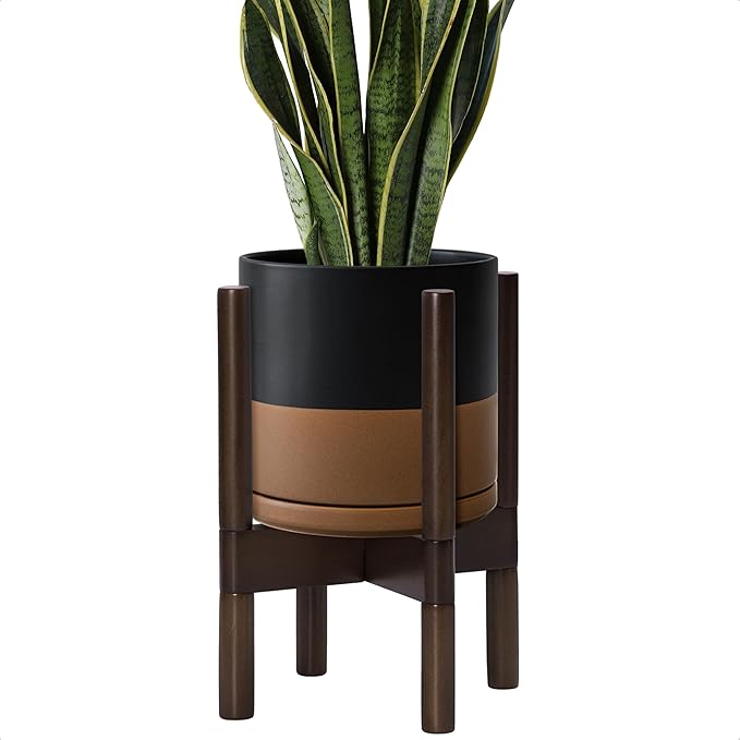 D'vine Dev Ceramic Planter with Walnut Color Stand - 8 Inch Modern Round Flower Pot with Wood Planter Holder, Black/Speckled Tan, 55-B-Y-7-Ruum Studio Home