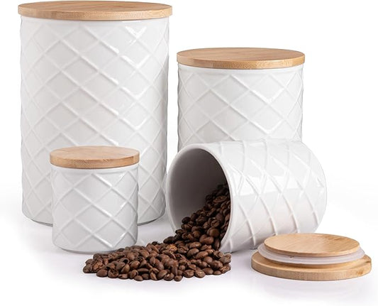 Sweejar Ceramic Canisters Sets for Kitchen Countertop, Relief Food Storage Jar with Bamboo Lid, Stackable Container for Flour, Coffee, Pasta, Cereal, Tea, Cookies, Sugar, Spices, Pack of 4 (White)-Ruum Studio Home