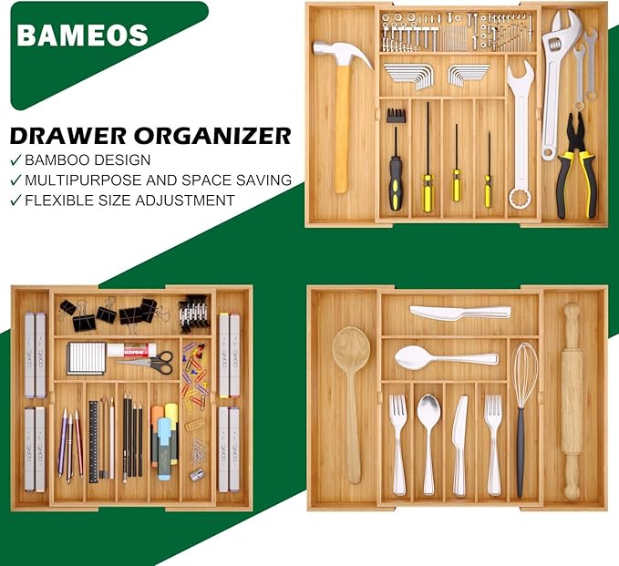 BAMEOS drawer organizer flatware organizer cutlery tray silverware organizer expandable adjustable bamboo drawer organizer kitchen bathroom-Ruum Studio Home