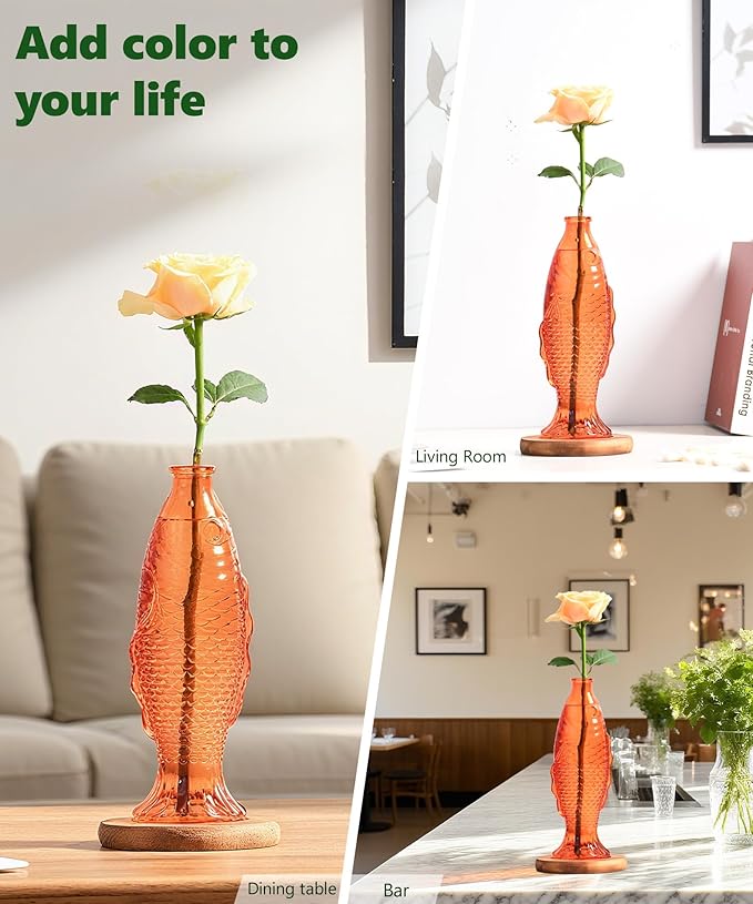 Nacome Fish Vase Glass Plant Terrarium with Wooden Stand,Planter Propagation Station for Home Office Hydroponics Desk Decoration,Unique Gardening Gifts for Plant Lovers Women Mom(Orange)-Ruum Studio Home