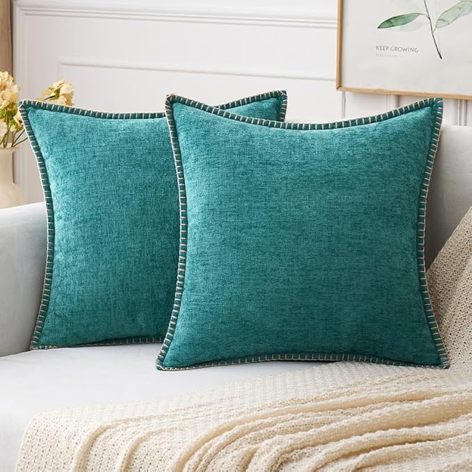 MIULEE Pack of 2 Couch Throw Pillow Covers 18x18 Inch Coastal Teal Farmhouse Decorative Pillow Covers with Stitched Edge Soft Chenille Solid Dyed Spring Pillow Covers for Sofa Bed Living Room-Ruum Studio Home