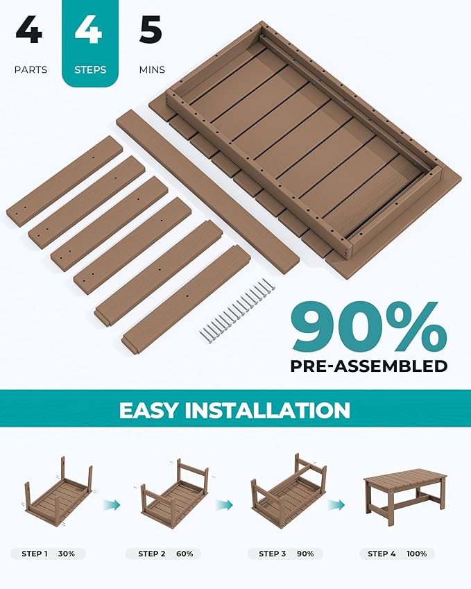 SERWALL Patio Coffee Table, HDPE Rectangle Outdoor Coffee Table, Brown-Ruum Studio Home