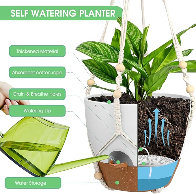 Hanging Planters for Indoor Outdoor Plants, 2 Pack Self Watering Hanging Pot with Drainage Holes, Removable Tray & 2 Kinds of Plant Hangers, 10'' Hanging Flower Pots for Home Garden Decor, White-Ruum Studio Home