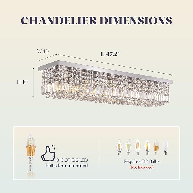 Luxury Lighting Fixture Chandelier Rectangular with Raindrop Crystals Pendant Light Fixture 10-Lights Modern Crystal Rectangle Flush Mount Chandelier for Living Room Dining Room Bar L47 Inch-Ruum Studio Home