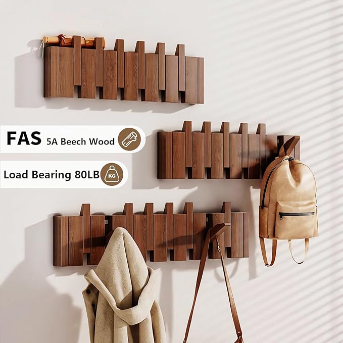 Wall Mounted Piano Key Hanger | Flip Style Hook | Entrance Wall Art Hook, Made of Oak Wood (3 Times Painted, 4 Times Polished) (LED Walnut, 10Hooks)-Ruum Studio Home