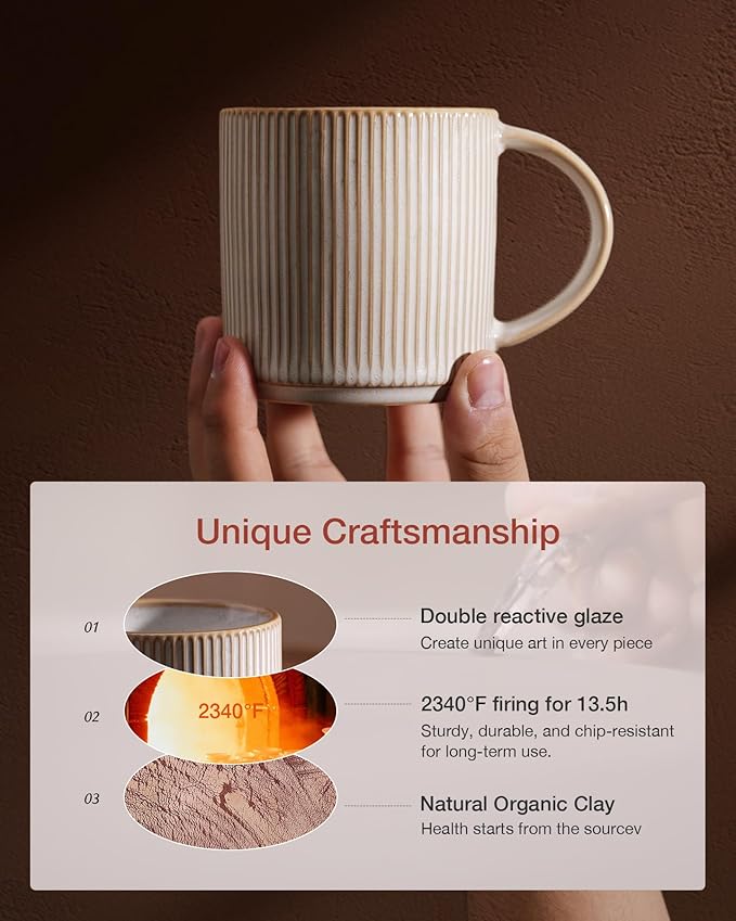 famiware Coffee Mug Set for 6, Star 12 oz Catering Mugs Cup Set with Handle for Coffee, Tea, Cocoa, Milk - Ceramic Stoneware Drinkware Set, Cappuccino White-Ruum Studio Home