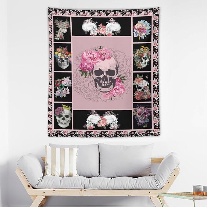 yowecso Sugar Skull Tapestry Horror Skeleton Tapestry Wall Hanging for Bedroom Rose Skull Tapestries Aesthetic Wall Decor for Home Dorm Living Room 50"x60"-Ruum Studio Home