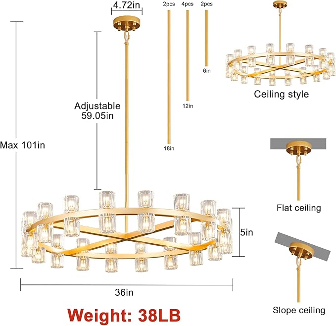 Modern 36" Gold Round Chandelier Light Fixture, K9 Crystal Chandeliers for Dining Room, Living Room, Dining Room Chandeliers Over Table, Chandelier for Bedroom, Foyer, Includes 36XG4 Bulbs-Ruum Studio Home