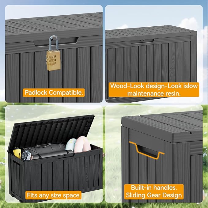 KAMABOKO Deck Box, 75 Gallon Resin Indoor and Outdoor Storage Boxes Waterproof for Garden Tools, Pool Accessories Storage Bench, Patio Furniture and Cushions with Lockable Lid, Black-Ruum Studio Home