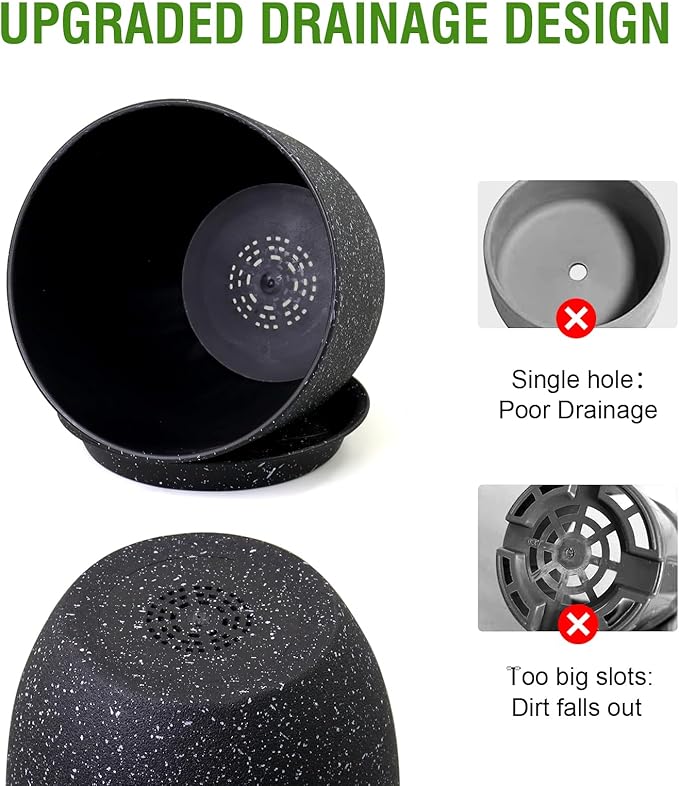 Plant Pots 10/9/8 inch, Set of 3 Modern Decorative Plastic Planters with Drainage Holes and Saucers for Garden House Plants, Flower Pots for Indoor Outdoor Plants, Speckled Black-Ruum Studio Home