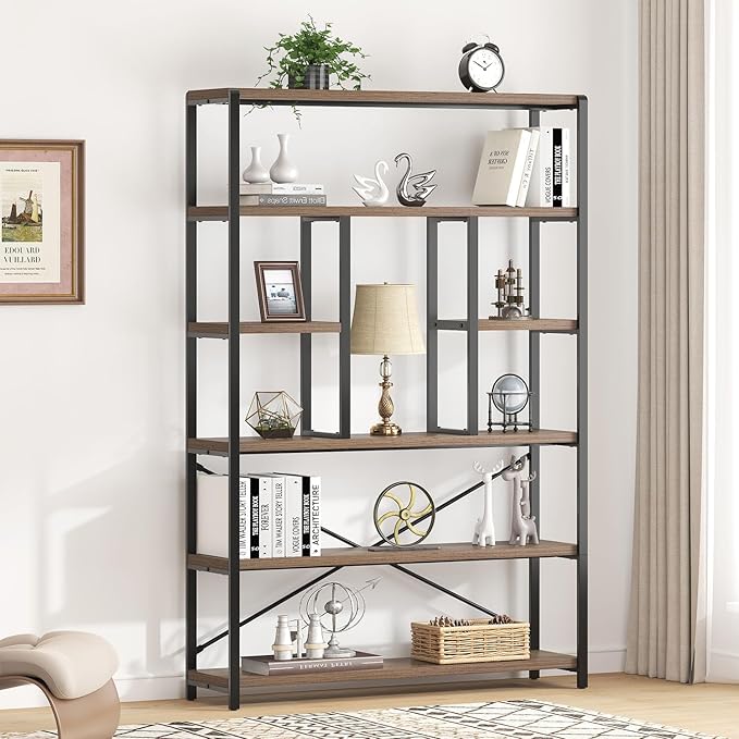 LVB Tall Industrial Etagere Bookcase, Modern Wood Large Open 6 Tier Bookshelf, Vintage Wide Metal Book Shelf Organizer, Farmhouse Book Shelves for Bedroom Living Room Home Office Storage, Rustic Oak-Ruum Studio Home