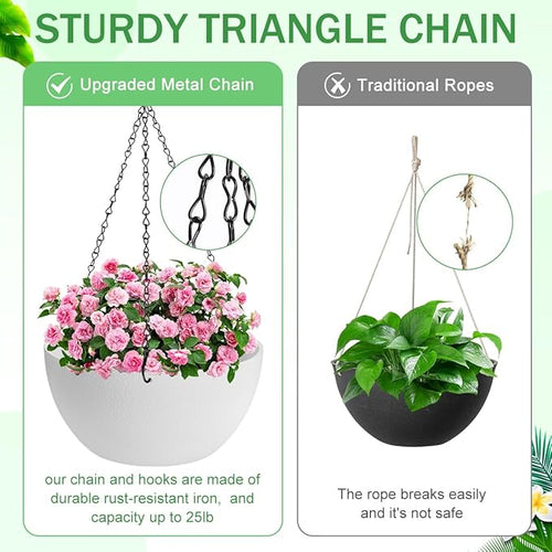 10 inch Hanging Planters for Indoor Plants, 2 Pack Planters for Outdoor Plants with Drainage Holes and Chain, Round Plastic Hanging Baskets, Hanging Flower Pots for Balcony Garden Decor-White-Ruum Studio Home