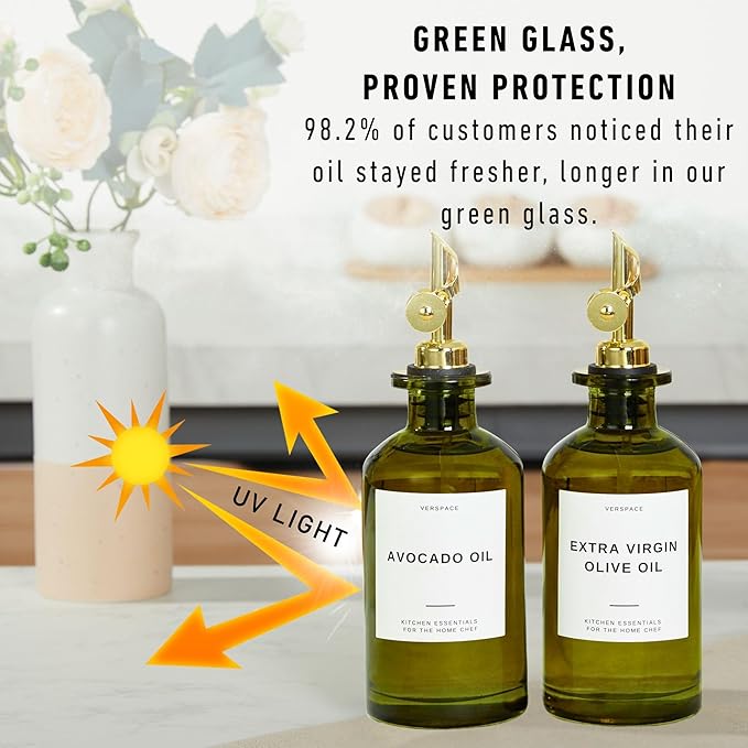 Green Glass Olive Oil Dispenser Bottle For Kitchen By Verpsace,Avocado Oil Dispenser Set, Modern Decor, Gold Kitchen Accessories for Home, Airbnb, Cafe (Gold, Set of 2)-Ruum Studio Home