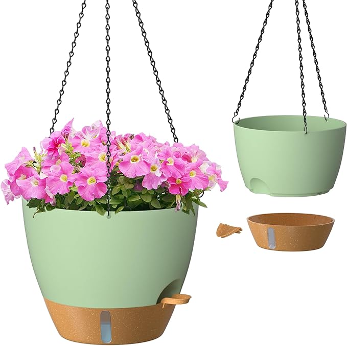 ZMTECH 12 Inch Hanging Planters for Indoor Outdoor Plants, 2 Pack Self Watering Hanging Plant Pots with Drainage Hole, Visual Reservoir, Plastic Flower Hanging Pots with Watering Lip (Green)-Ruum Studio Home