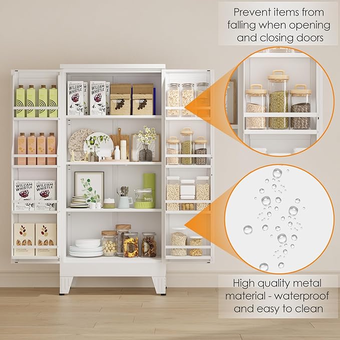 51" Kitchen Pantry Cabinet, Metal Storage Cabinet with 3 Adjustable Layer Shelves, 8 Door Shelves, Buffet Sideboard for Living Room, Kitchen, White-Ruum Studio Home