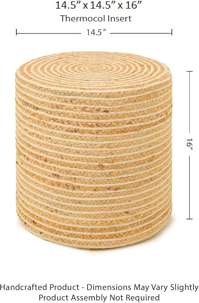 REDEARTH · Cylindrical Pouf Foot Stool Ottoman - Jute Braided Pouffe Poof Sitting Footrest for The Living Room, Bedroom, Nursery, Patio, Lounge & Other Rooms in Home (14.5”x14.5”x16”; Natural Ivory)-Ruum Studio Home