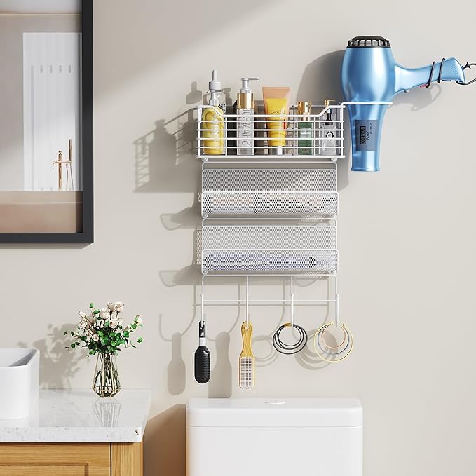 VITVITI Metal Hair Tool Organizer Wall Mount, Hair Dryer Holder with 3 Tier Shelf Basket Hooks, Bathroom Hair Styling Tool Organizer for Curling Iron/Blow Dryer/Straightener, White-Ruum Studio Home