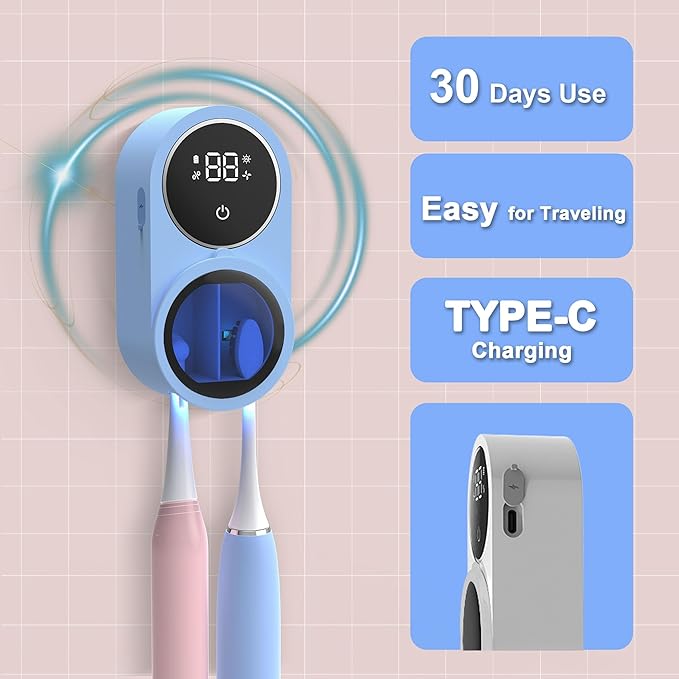 Toothbrush Holder and Cleaner for Bathroom Light Cleaning Fan Drying Round in Circle Automatic Rotating Cover Wall Mounted Smart Home Gadgets (02 Blue)-Ruum Studio Home