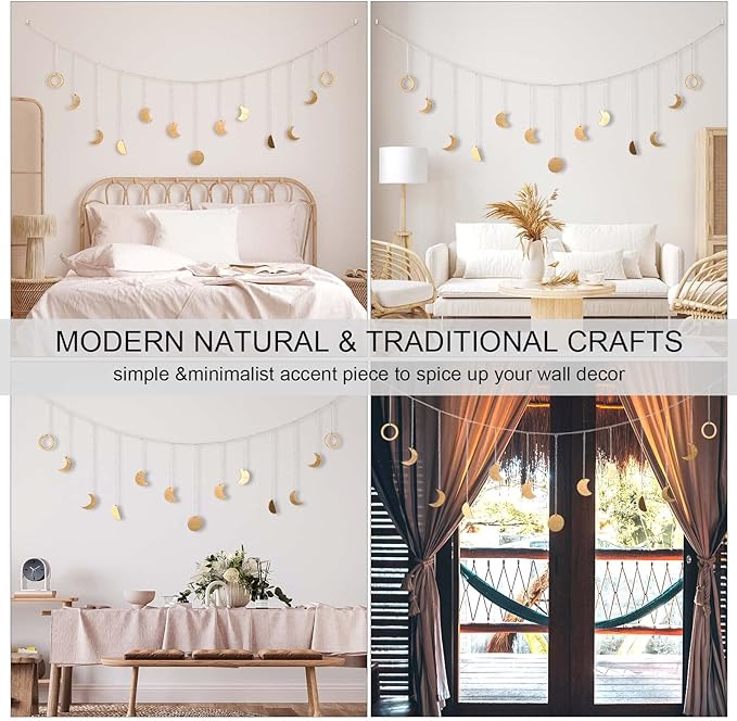 Moon Phase Wall Decor with LED String Light, 13 Gold Wood Boho Wall Hanging Decor Mood Garland 56'' - Celestial Phases Moon Decor in Bohemian Style for Bedroom Home Living Room-Ruum Studio Home