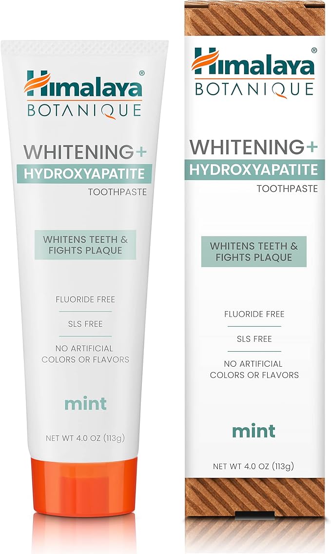 Himalaya Botanique Whitening + Hydroxyapatite Toothpaste for Whiter Teeth & Fresher Breath, Fights Plaque with Hydroxyapatite Support & Mint Flavor, Fluoride Free, SLS Free, & Vegan, 4.0 oz, 2 Pack-Ruum Studio Home