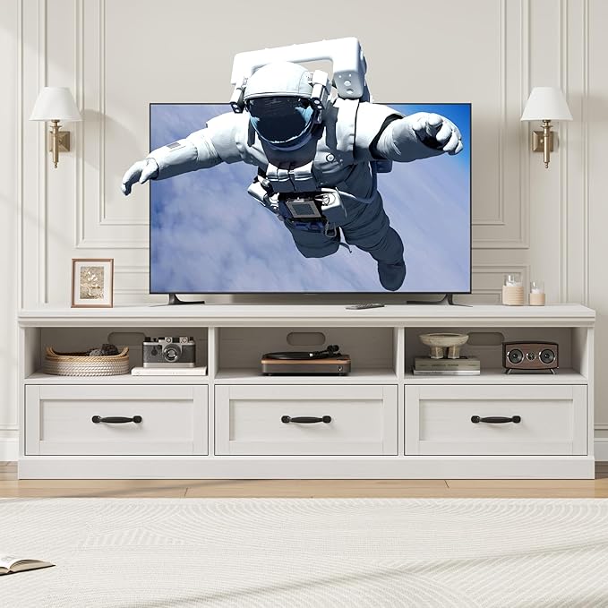 IDEALHOUSE 70in TV Stand for TVs up to 80", Mid Century Modern Entertainment Center with Storage Drawer and Open Shelves, TV Console Media Cabinet for Living Room, Bedroom, Antique White-Ruum Studio Home