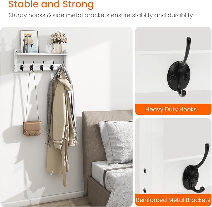 Homode Wall Shelf with Hooks, Coat Rack Wall Mount with Pegs, Hanging Entryway Coat Hanger, Wood and Iron Shelf for Bathroom, Hallway, Bedroom, White-Ruum Studio Home