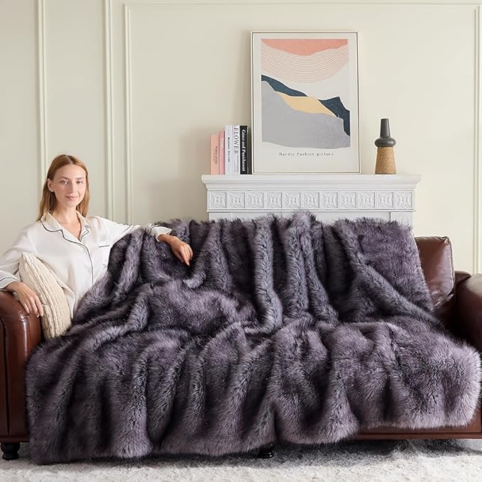 Fluffy Faux Fur Throw Blanket – Super Soft Warm Thick Plush Blanket for Bed, Couch & Office, Cozy Fuzzy Throw with Flannel Backing,60"x80", Grey-Ruum Studio Home