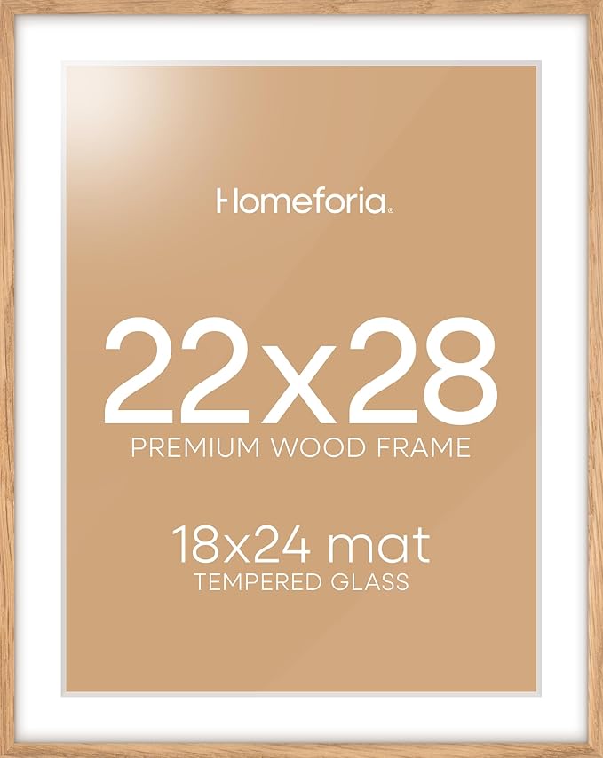 Homeforia Wooden Poster Frame 22x28, High End Natural Oak 22 x 28 Picture Frame with Mat 18 by 24, 22x28 Light Wood Frame Matted to 18x24 Photo, 28by22 Large Frames, Tempered Glass, Wall Kit, Set of 1-Ruum Studio Home