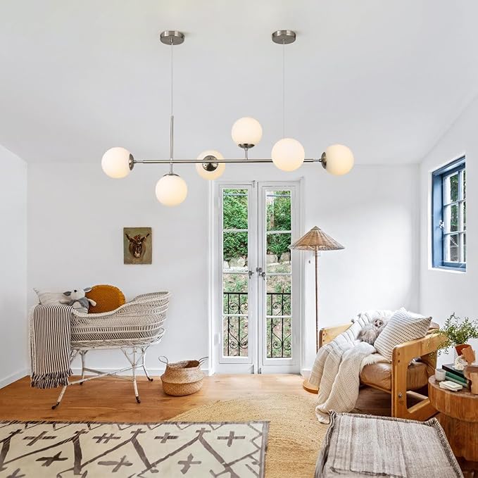 KCO Modern Silver Milk Glass Pendant Light 6 Light Pendant Light Fixture Chandelier Brushed Nickel Chandelier Modern Hanging Linear Light Fixture for Dining Room Kitchen Island-Ruum Studio Home