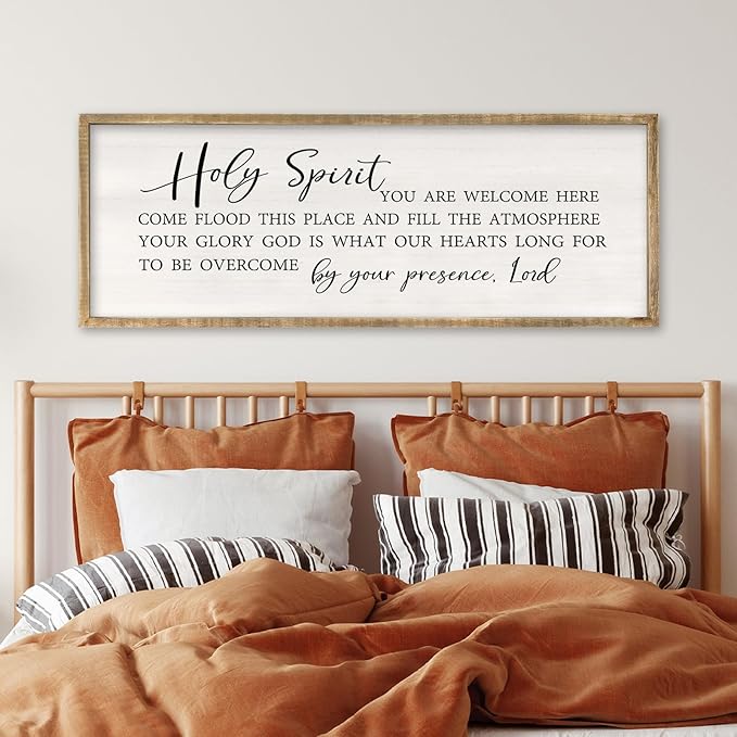 Holy Spirit You are Welcome Here Wall Decor Art 32x12 Inch Large Christian Song Bible Verse Plaque Wood Framed Sign Living Room Scripture Quote Religious For Office Wall Hanging (Wood)-Ruum Studio Home
