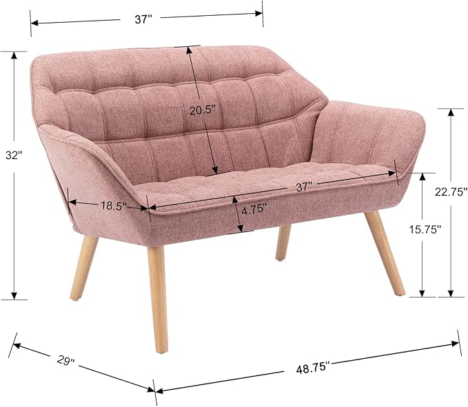 48" Small Loveseat Sofa, Modern Linen Fabric Mini Sofa Couch 2-Seater Love Seat with Quilting Backs and Wood Legs for Living Room, Bedroom and Small Space, Pink-Ruum Studio Home