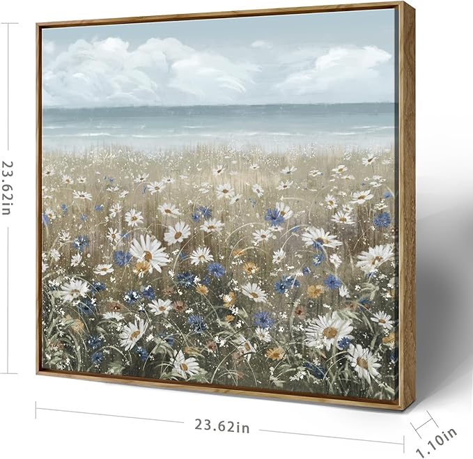 Framed Wall Art for Bedroom Decor Farmhouse Boho Beach Coastal Vintage Floral Ocean Wall Picture Daisy Flowers Sea Canvas Print Nautical Neutral Seascape Artwork for Home Living Room Bedroom Office-Ruum Studio Home