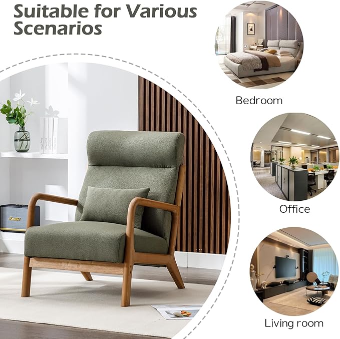 INZOY Mid Century Modern Accent Chair with High Back, Upholstered Living Room Chairs with Waist Cushion, Wood Frame Reading Armchair for Bedroom Sunroom, Green-Ruum Studio Home