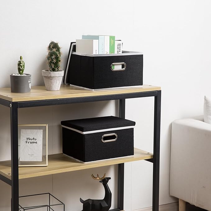 PRANDOM Storage Boxes with Lids [3-Pack] Fabric Collapsible Storage Bins Organizer Containers Baskets Cube with Cover for Home Bedroom Closet Office Nursery Black（11.4X8.6X6.7-Ruum Studio Home