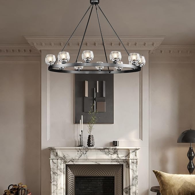 Black Wagon Wheel Chandelier, 48 Inch Black Chandeliers with Unique Glass Shade, 12-Light Crystal Large Wagon Wheel Chandeliers for Dining Room, High Ceiling Round Chandelier for Living Room, Foyer-Ruum Studio Home