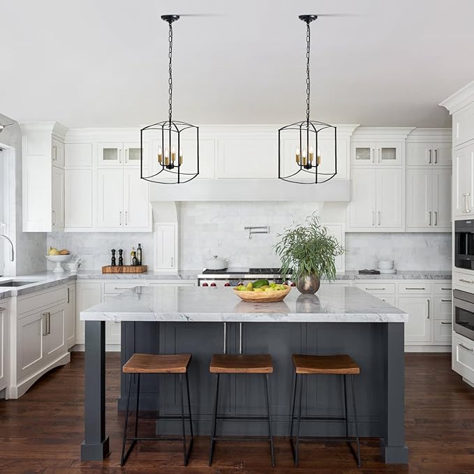 Farmhouse 4 Lights Pendant Light, Industrial Black Lantern Chandelier with E12 Gold Base Metal Cage Rustic Geometric Hanging Light Fixtures for Kitchen Island Foyer Entryway Dining Room-Ruum Studio Home