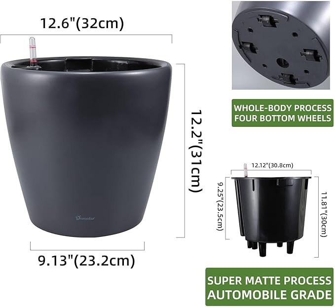 Dexceder 13x12 Self Watering Planter with Wheels Indoor Outdoor, Inner Pot Design, Thickened Large Floor Standing Flower Plant Pot with Water Level Indicator (Slate Gray Matte)-Ruum Studio Home