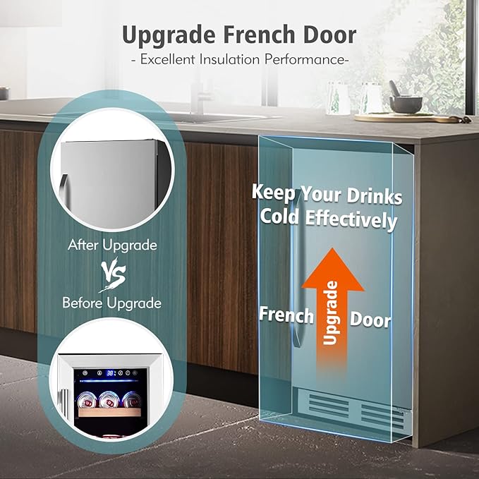 15 Inch Outdoor Beverage Refrigerator Cooler,Stainless Steel 127 Cans Beverage Fridge with French Door Under Counter Built-in or Freestanding, Perfect for Beer, Cola-Ruum Studio Home