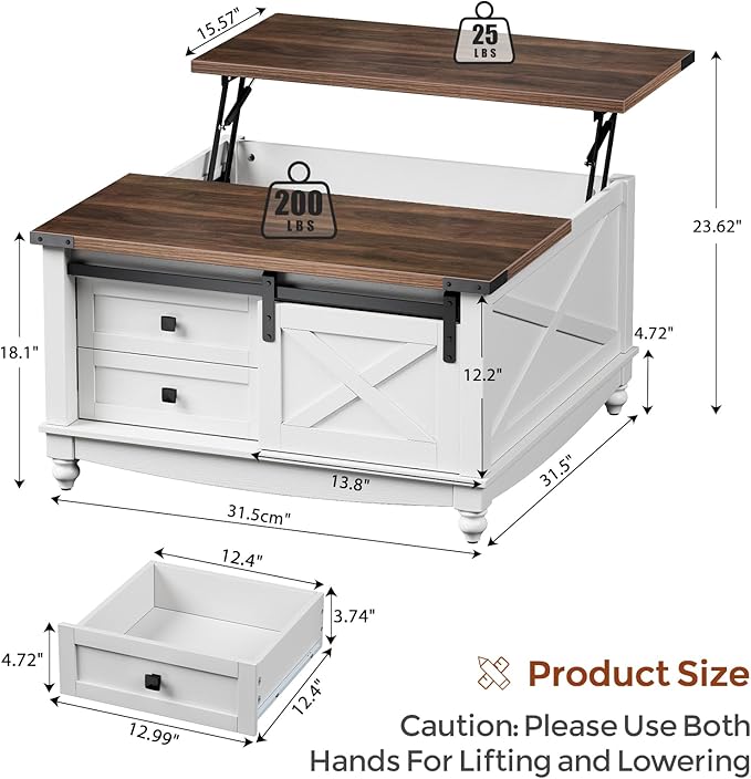 31.5" Lift Top Coffee Table with Storage, Farmhouse Coffee Tables for Living Room, Square Coffee Table with Large Hidden Storage Compartment, 2 Drawers & Removable Shelves, White-Ruum Studio Home
