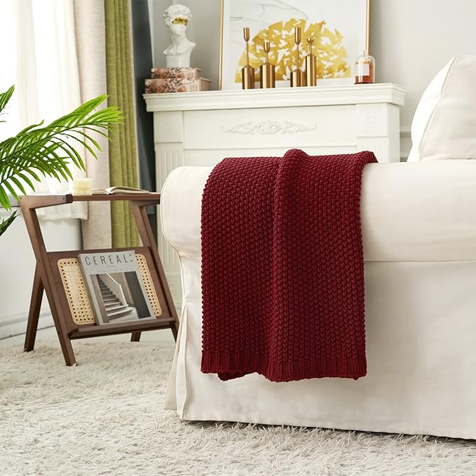 Chunky Cable Knit Throw Blanket Lightweight Wine red 100% Organic Cotton Blanket for Sofa Couch Bed Baby Nursery, Rustic Shabby Chic Modern Farmhouse, 60” x 80” Give Laundering Bag-Ruum Studio Home